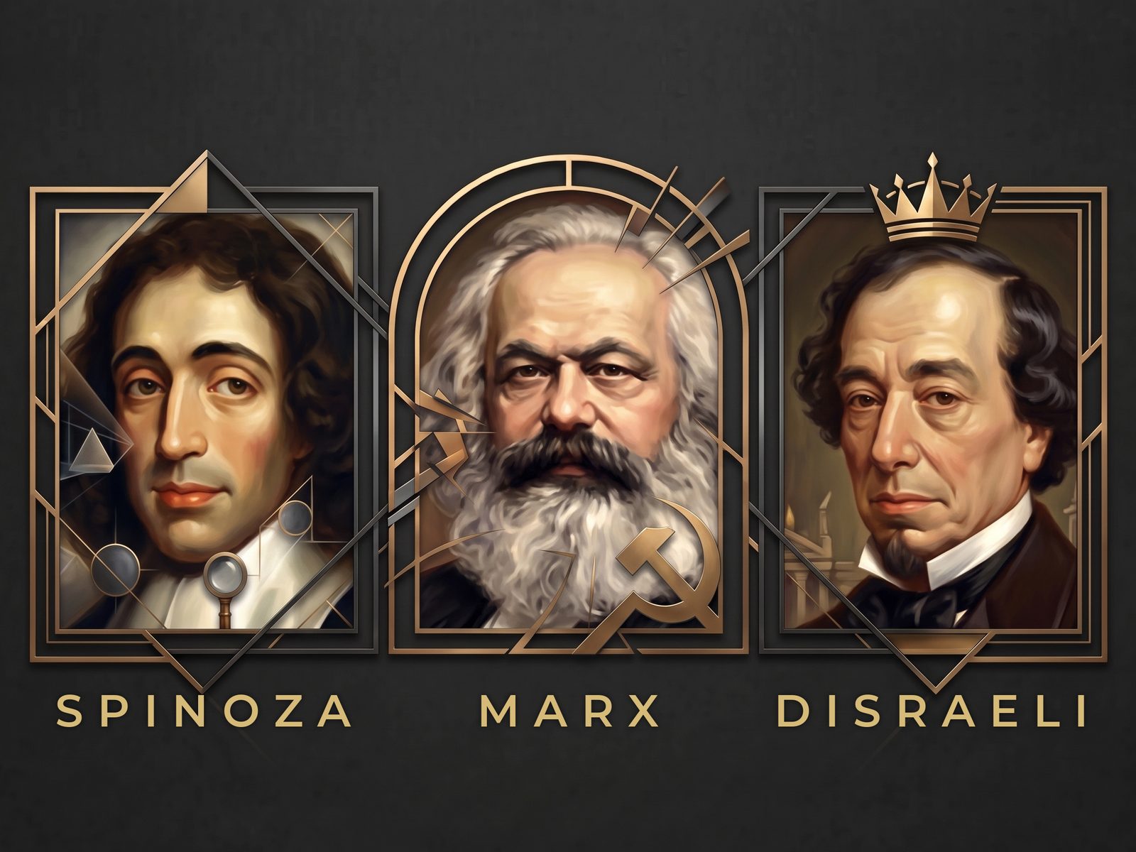 Portraits of Spinoza, Marx, and Disraeli in gold Art Deco frames, each labeled by name